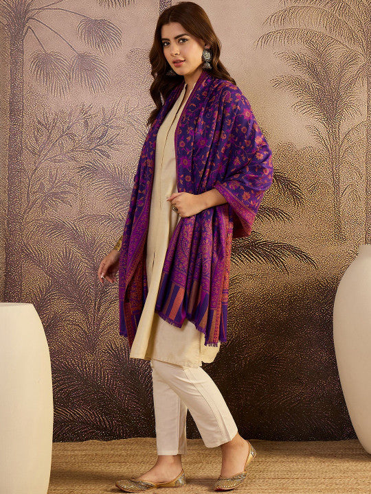 Women Ethnic Motifs Woven Design Shawl With Fringed Border