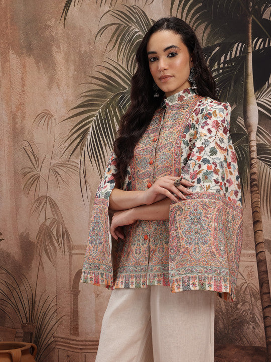 Women Floral Lightweight Longline Cape Jacket