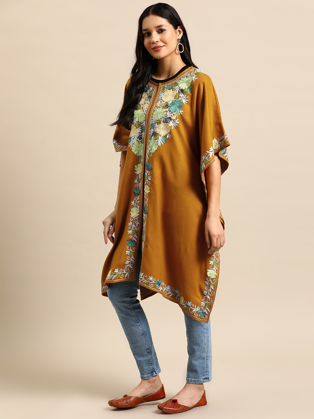 Women Mustard Floral Embroidered Flared Sleeves Thread Work Acrylic Fusion Kaftan Kurta