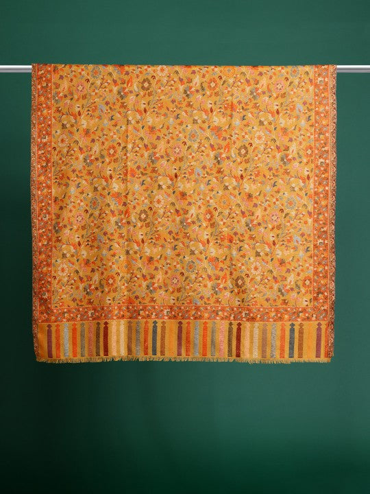 Women Mustard Floral Woven Design Kashmiri Kaani Shawl