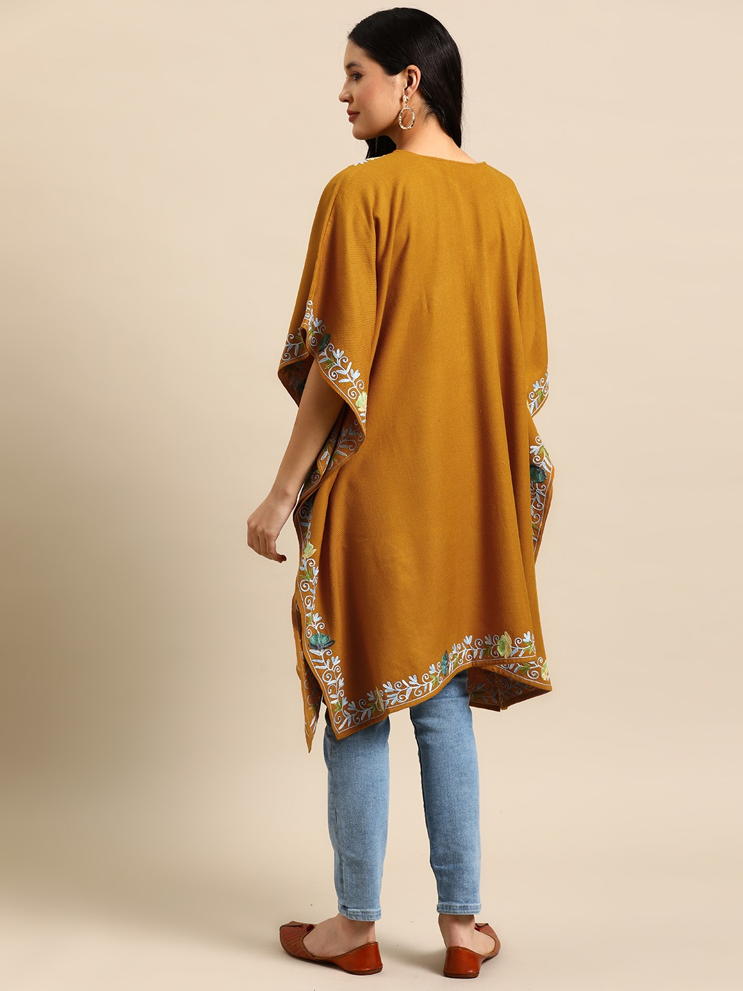 Women Mustard Floral Embroidered Flared Sleeves Thread Work Acrylic Fusion Kaftan Kurta