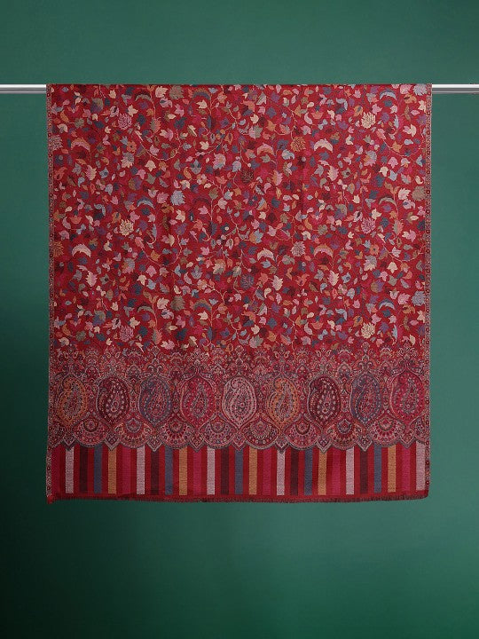 Women Maroon Floral Woven Design Kashmiri Kaani Shawl