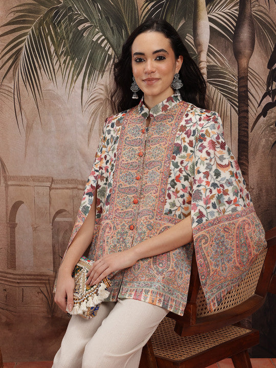 Women Floral Lightweight Longline Cape Jacket