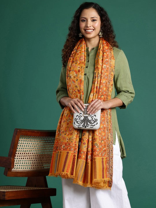 Women Mustard Floral Woven Design Kashmiri Kaani Shawl