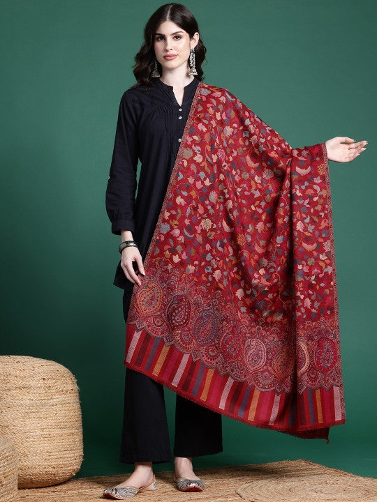 Women Maroon Floral Woven Design Kashmiri Kaani Shawl