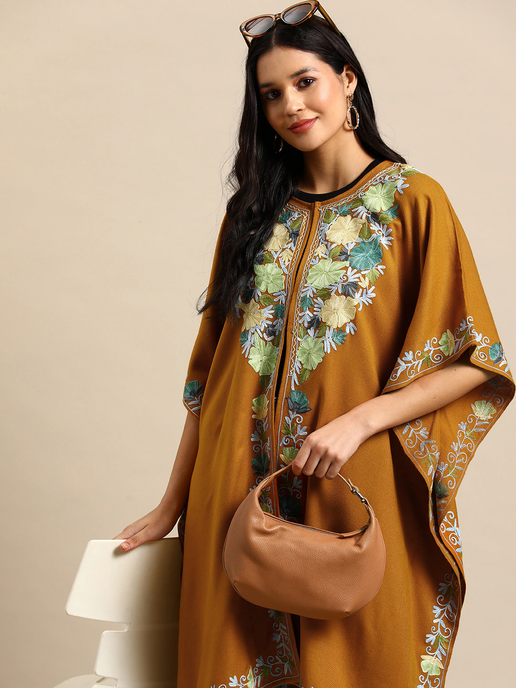 Women Mustard Floral Embroidered Flared Sleeves Thread Work Acrylic Fusion Kaftan Kurta