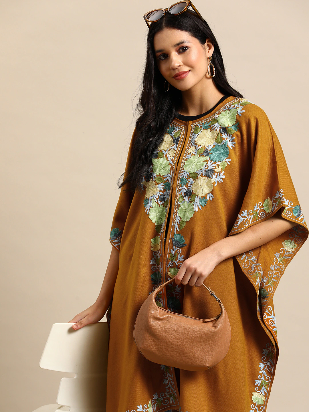 Women Mustard Floral Embroidered Flared Sleeves Thread Work Acrylic Fusion Kaftan Kurta