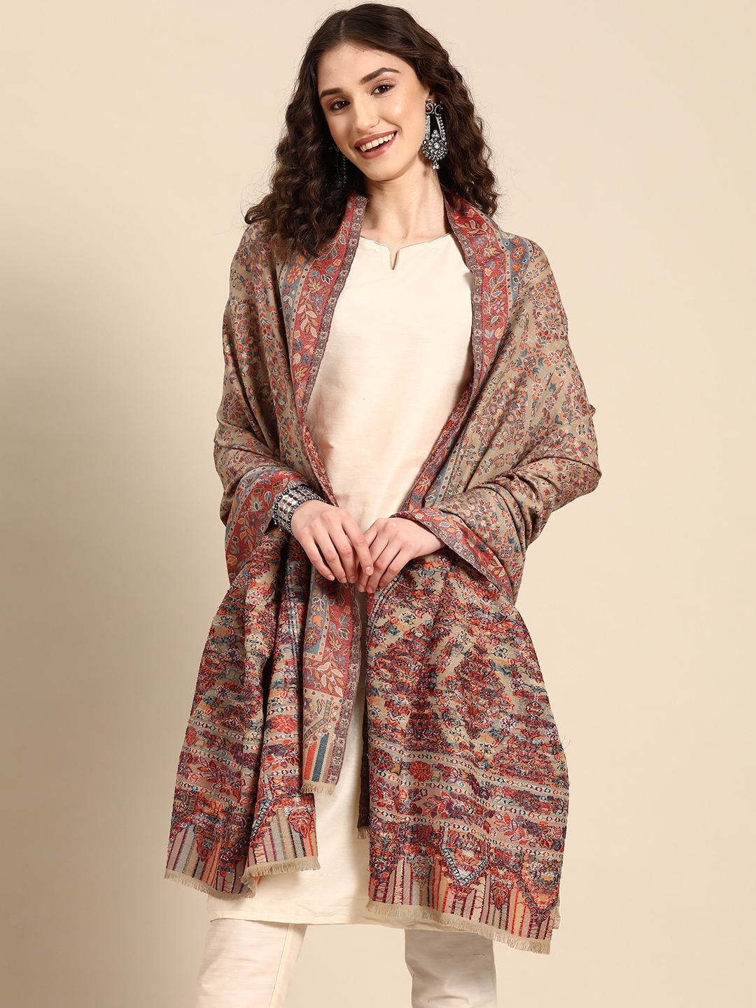 Beige Geometric Woollen Shawl