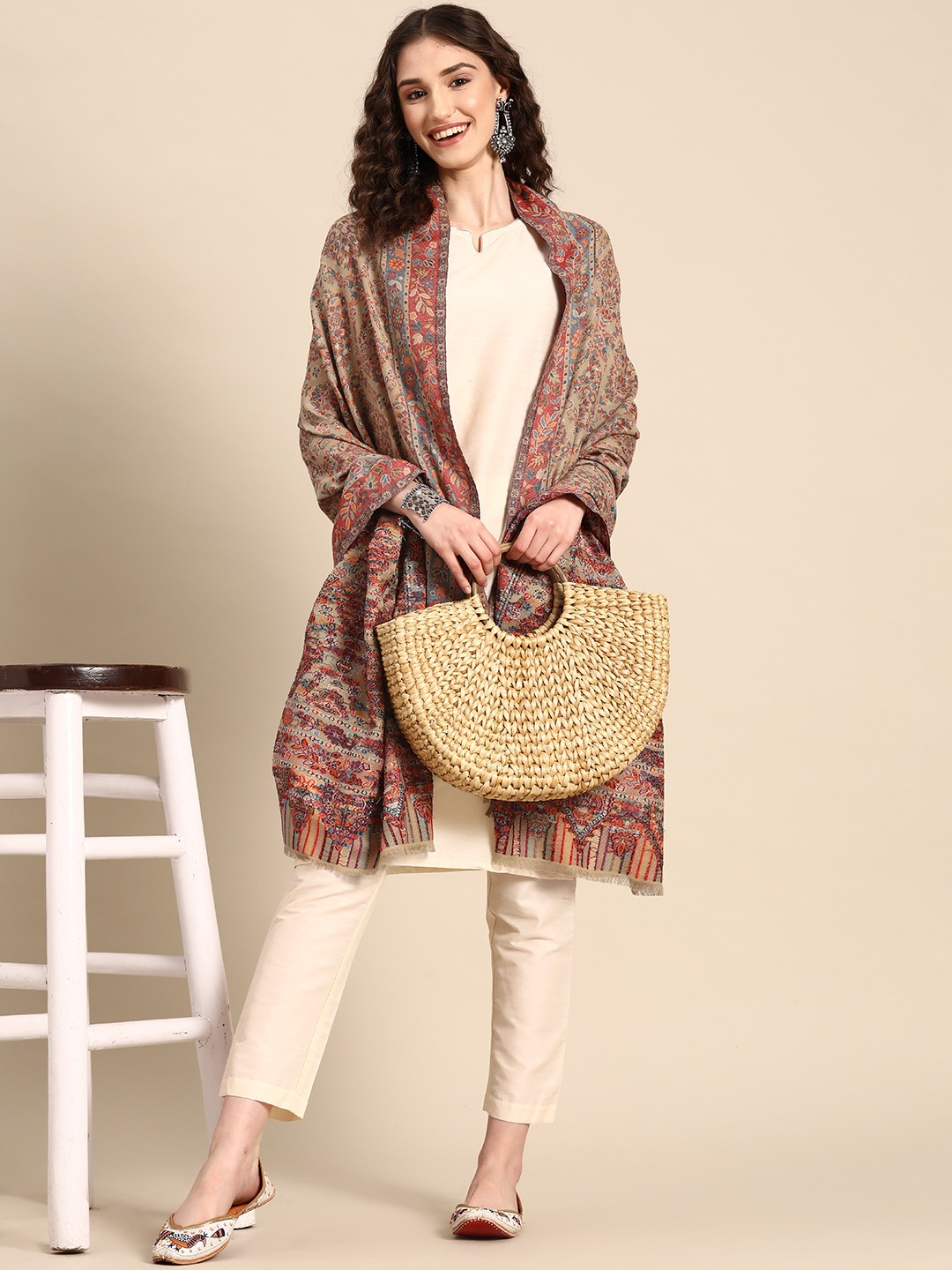 Beige Geometric Woollen Shawl