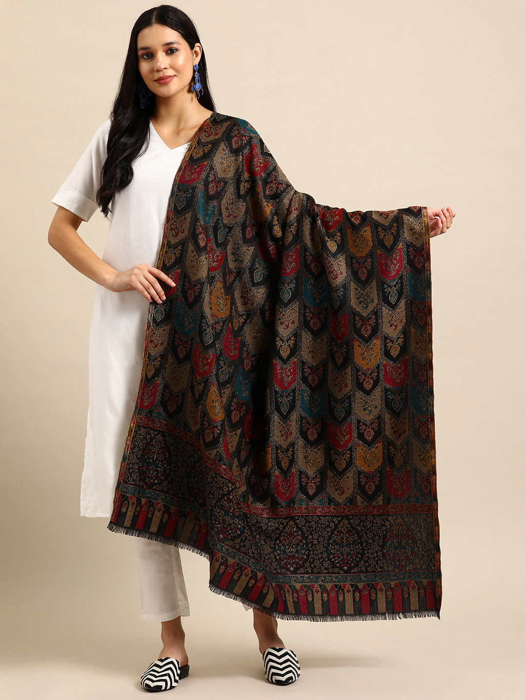 Women Ethnic Motifs Woven Design Kashmiri kaani Shawl