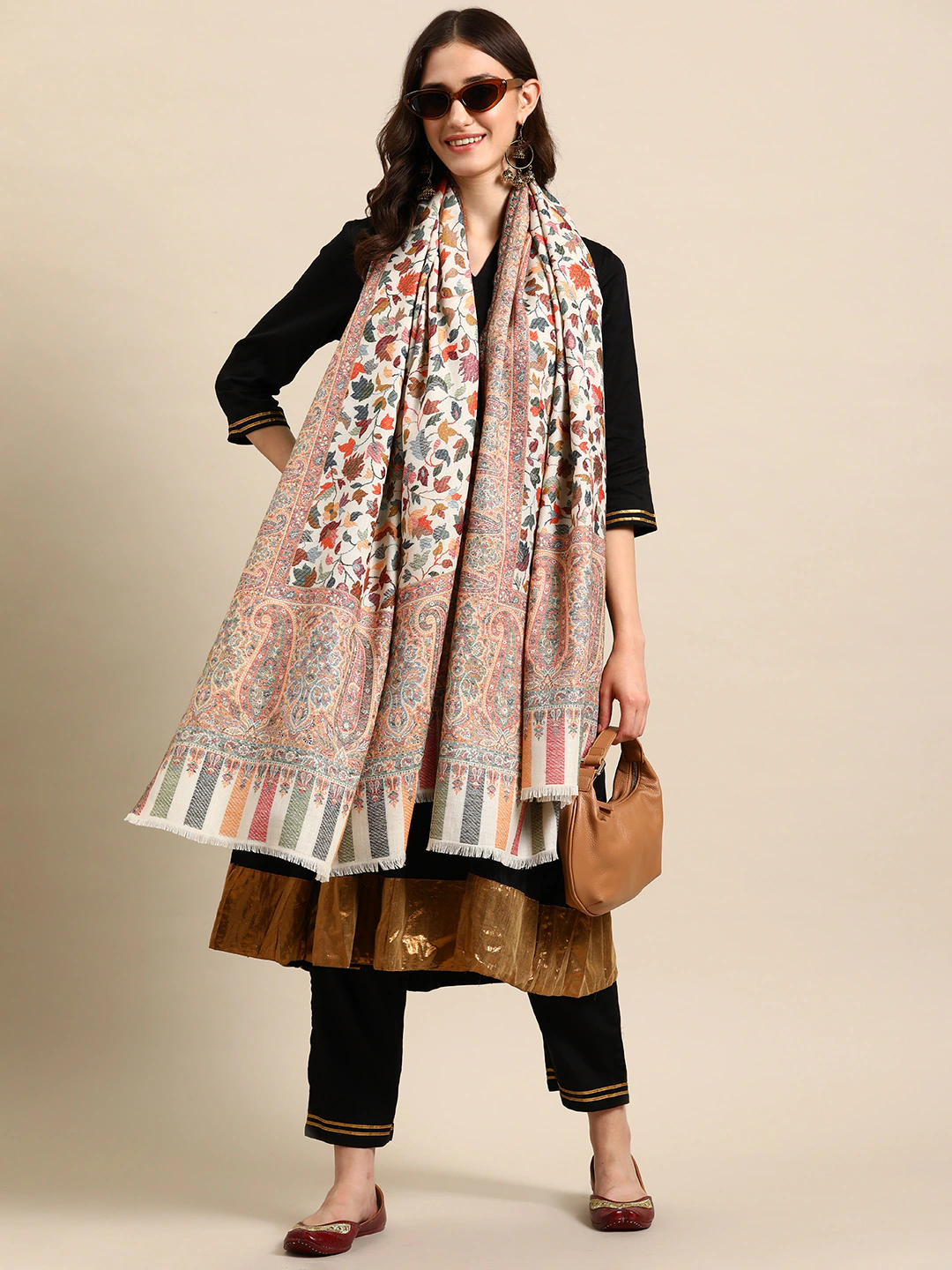 Women White Woolen Floral Woven Design Kashmiri Kaani Shawl - Signet Scraves