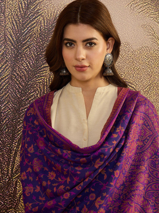 Women Ethnic Motifs Woven Design Shawl With Fringed Border
