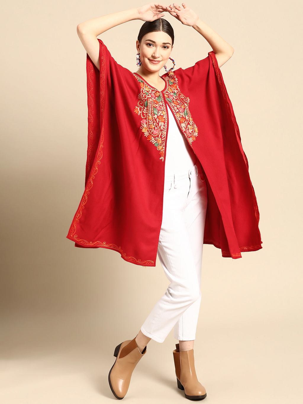 Women Floral Embroidered Flared Sleeves Thread Work Acrylic Fusion Kaftan Kurta