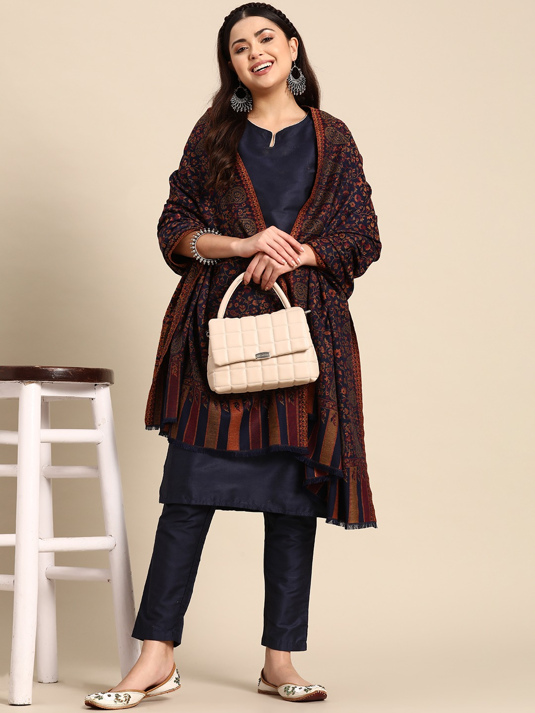 Women Navy Floral Jamawar Shawl