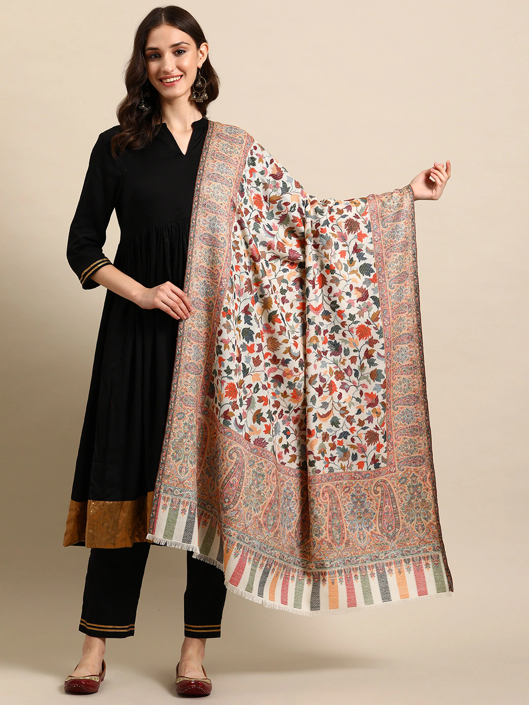 Women White Woolen Floral Woven Design Kashmiri Kaani Shawl