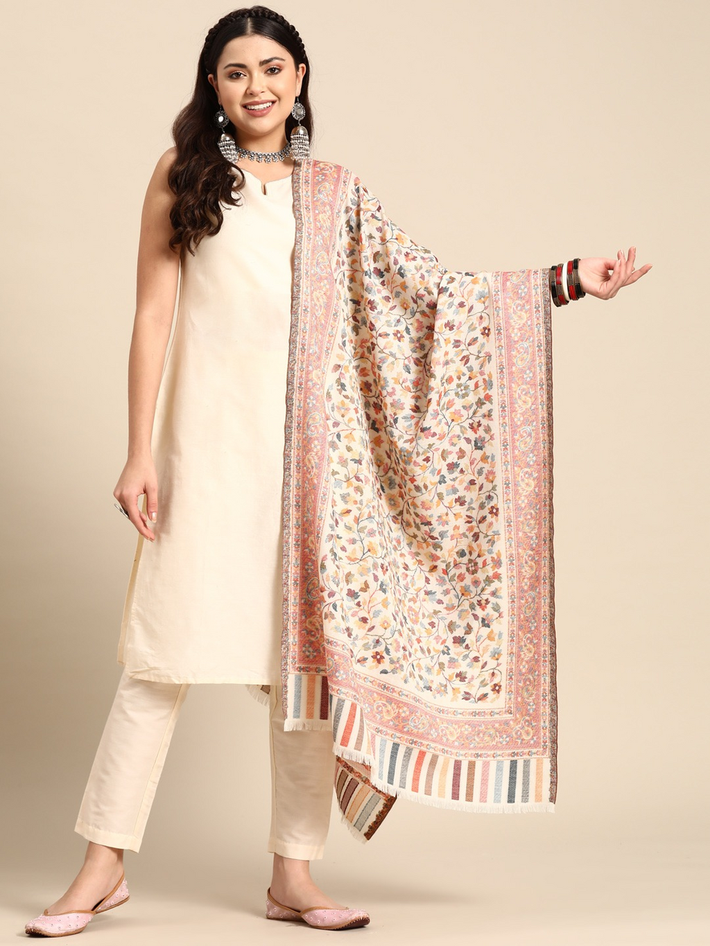 Women White Woven Design Kashmiri Kaani Stole