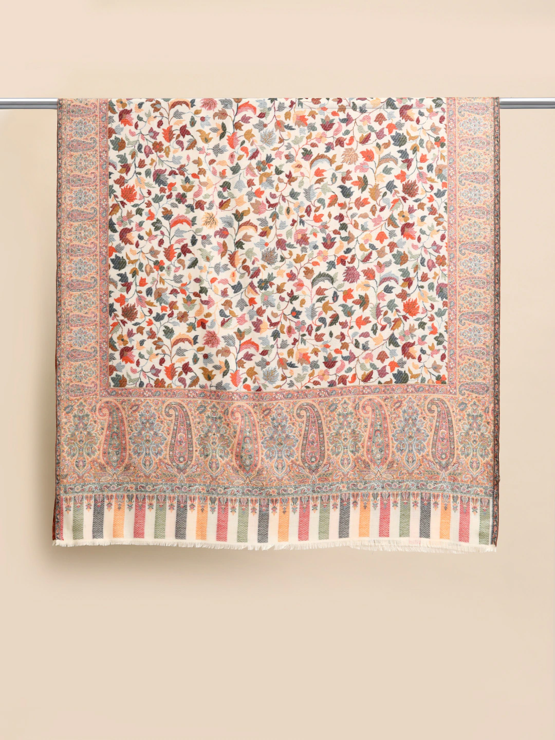 Women White Woolen Floral Woven Design Kashmiri Kaani Shawl