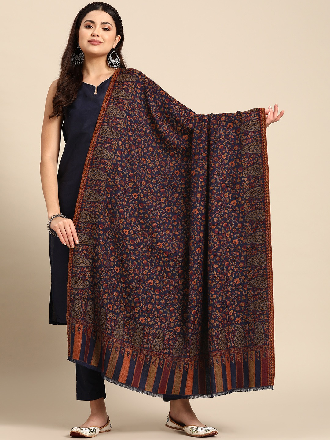Women Navy Floral Jamawar Shawl
