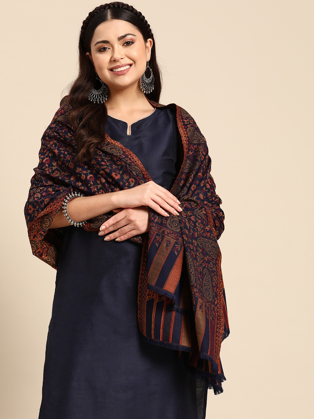 Women Navy Floral Jamawar Shawl