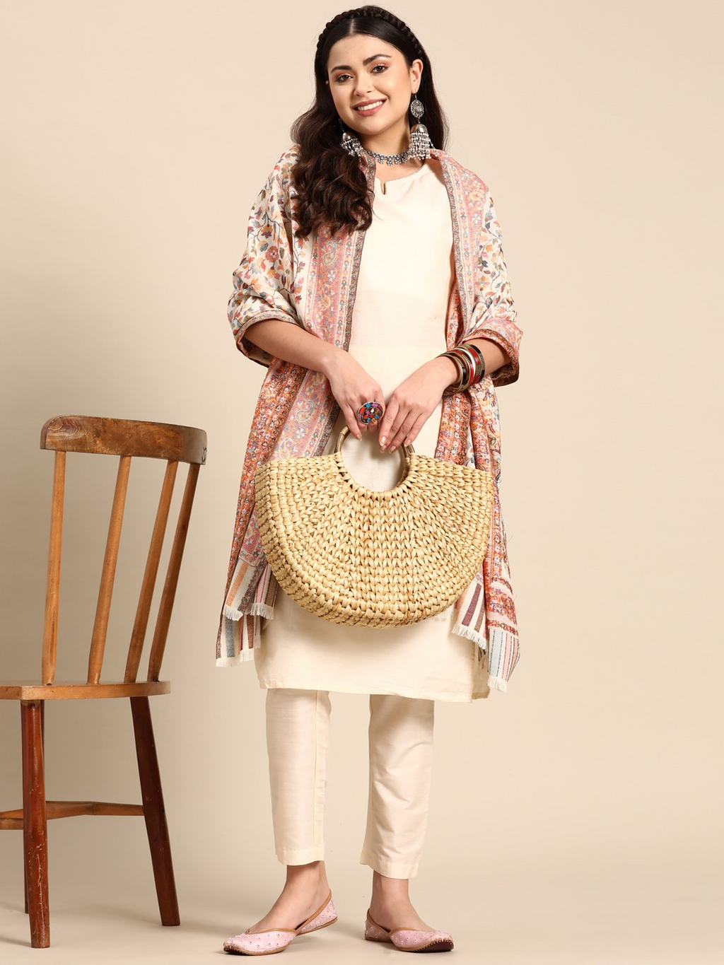 Women White Woven Design Kashmiri Kaani Stole