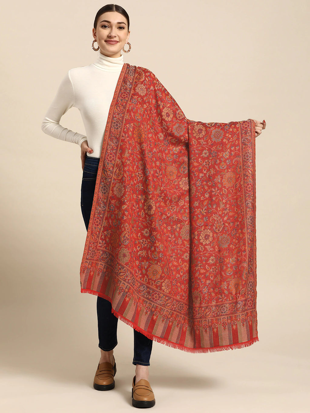 Women Maroon Woven Design Jamawar Shawl - Signet Sacarves