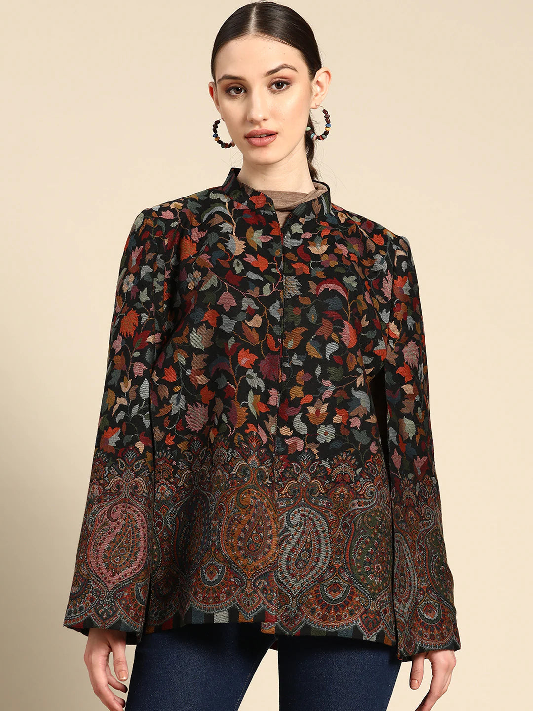Noor-e-Kaani Kaani Weave Cape Jacket | Black Paisley Floral | Free Size