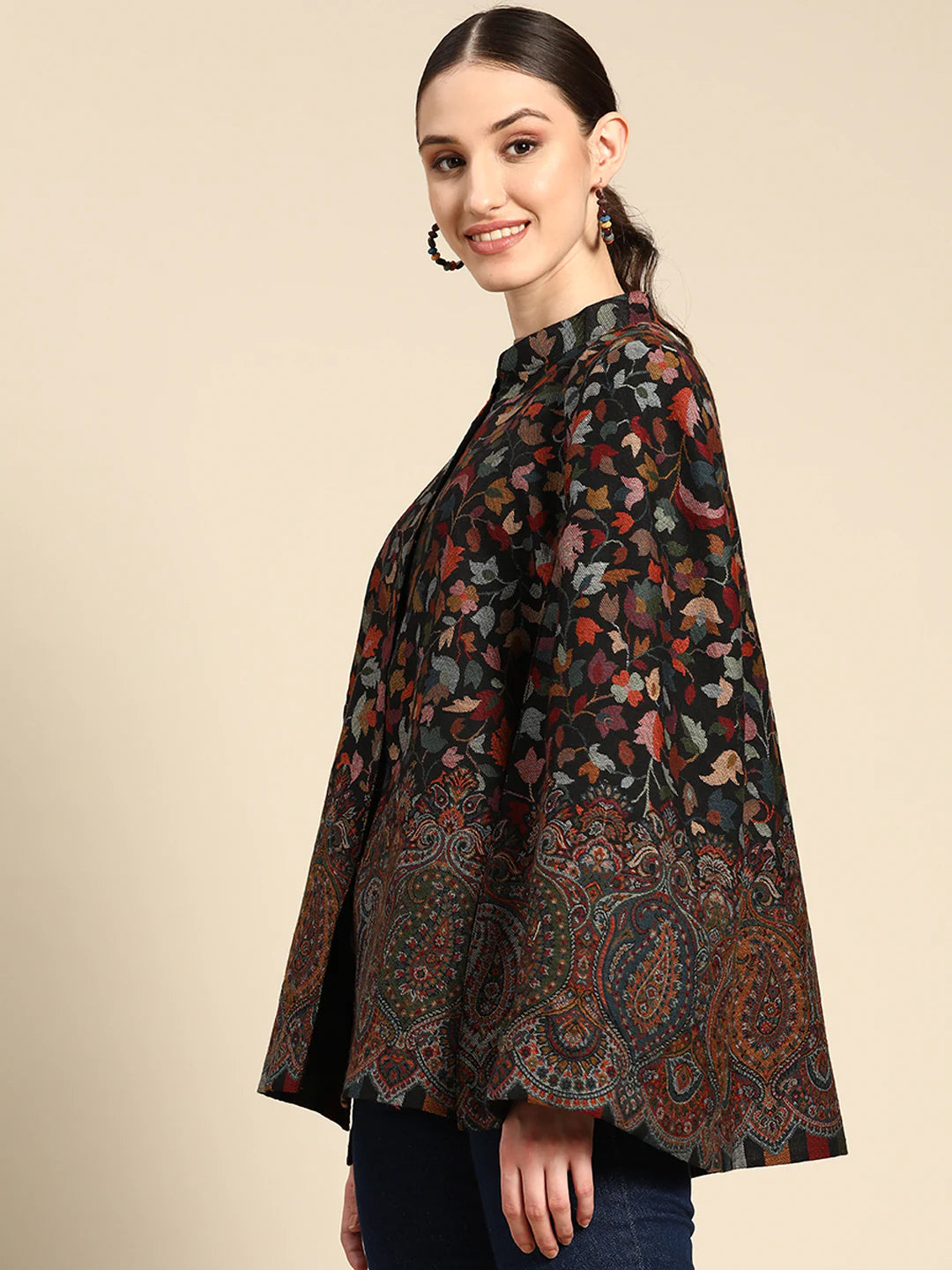 Noor-e-Kaani Kaani Weave Cape Jacket | Black Paisley Floral | Free Size