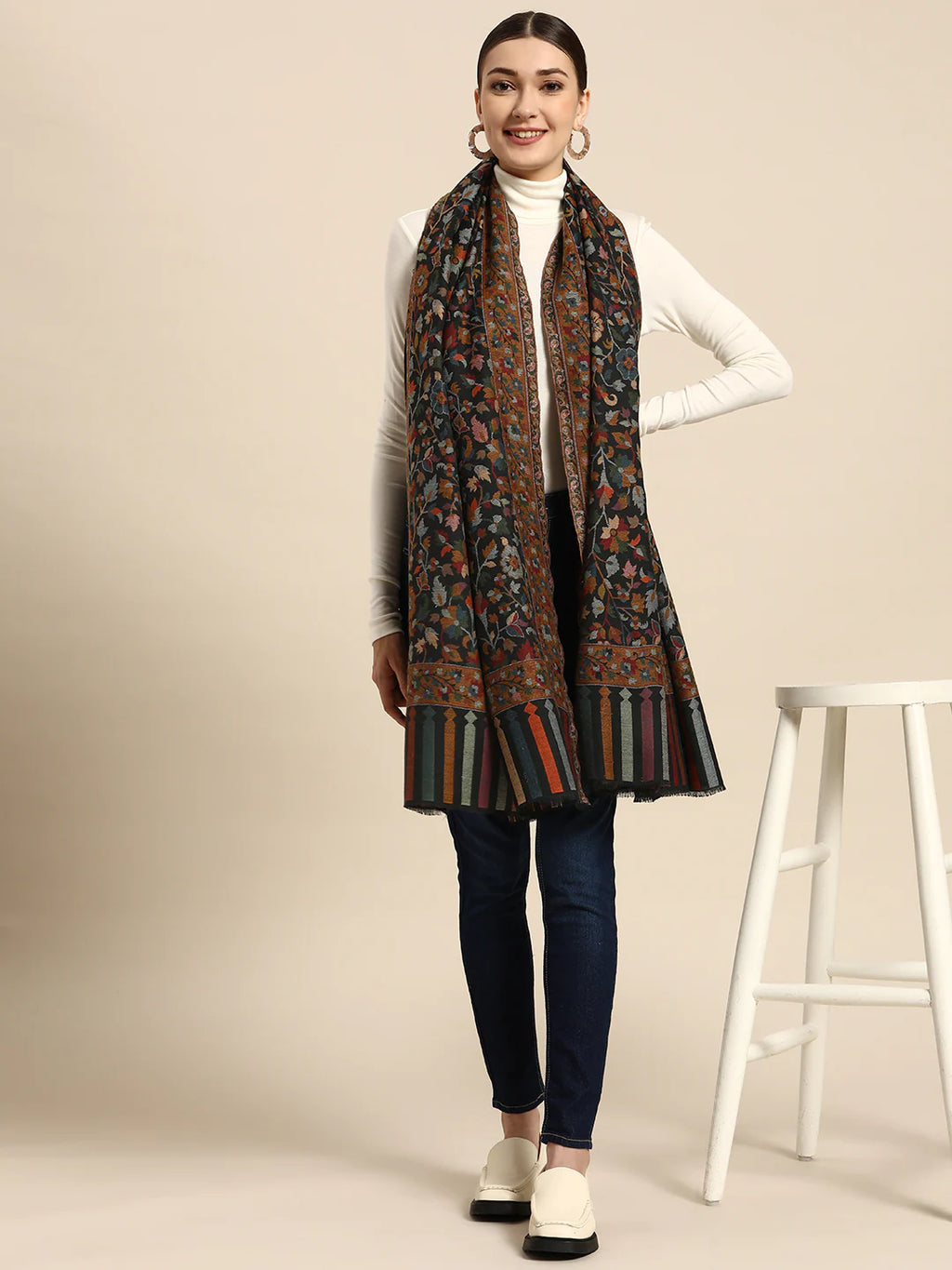 Women Black Woollen Kashmiri Kaani Weave Shawl - Signet Scarves