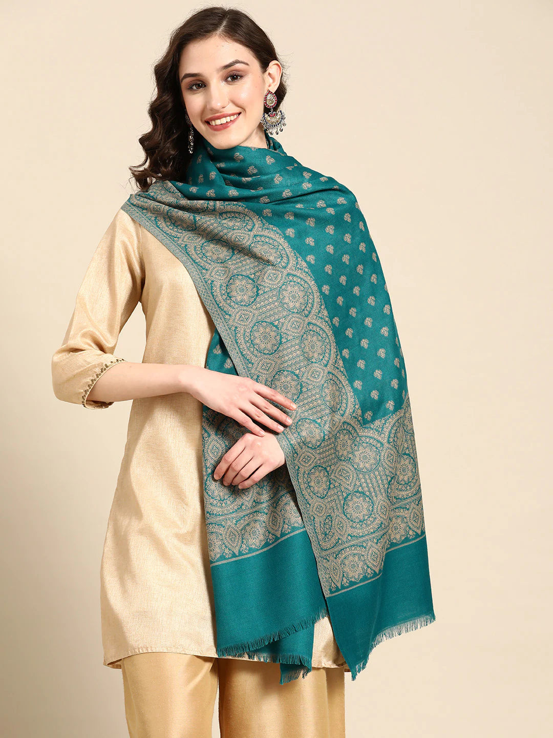 Women Sea Green & Beige Kashmiri Embroidery Shawl