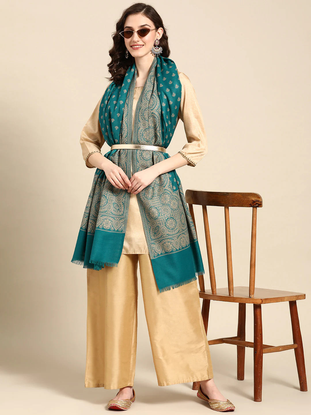 Women Sea Green & Beige Kashmiri Embroidery Shawl - Signet Scraves