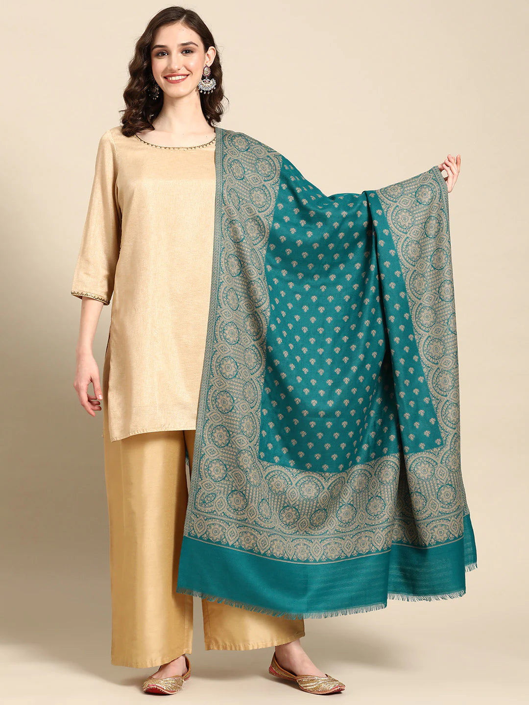 Women Sea Green & Beige Kashmiri Embroidery Shawl - Signet Scraves
