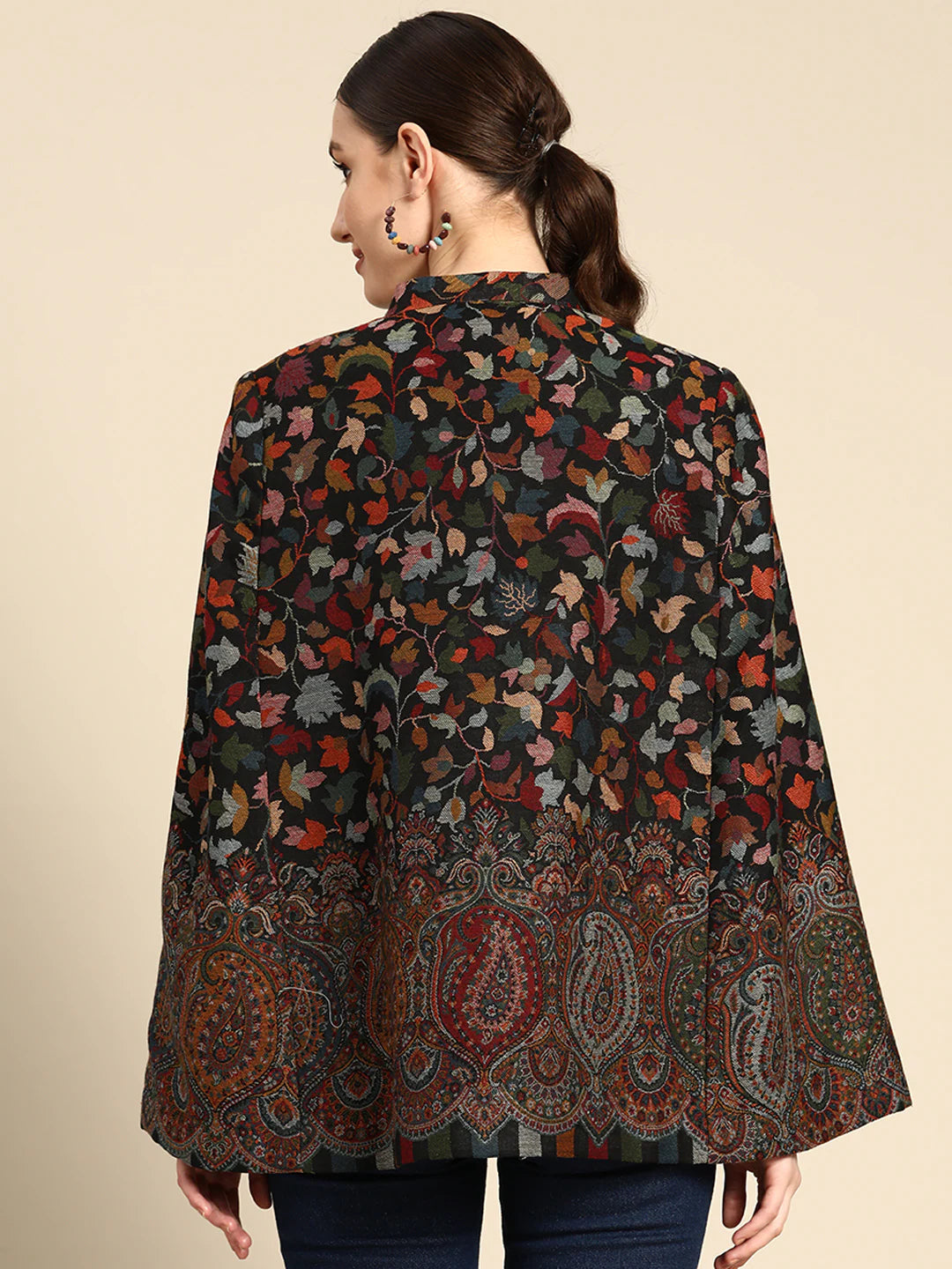 Noor-e-Kaani Kaani Weave Cape Jacket | Black Paisley Floral | Free Size