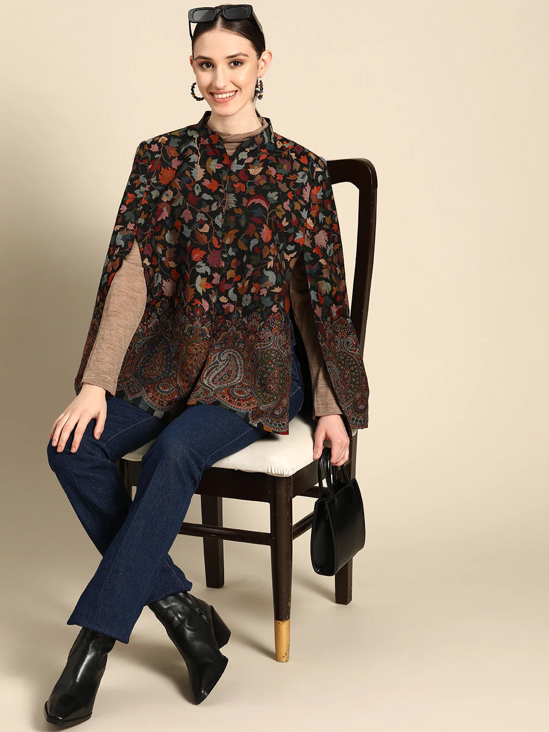 Noor-e-Kaani Kaani Weave Cape Jacket | Black Paisley Floral | Free Size