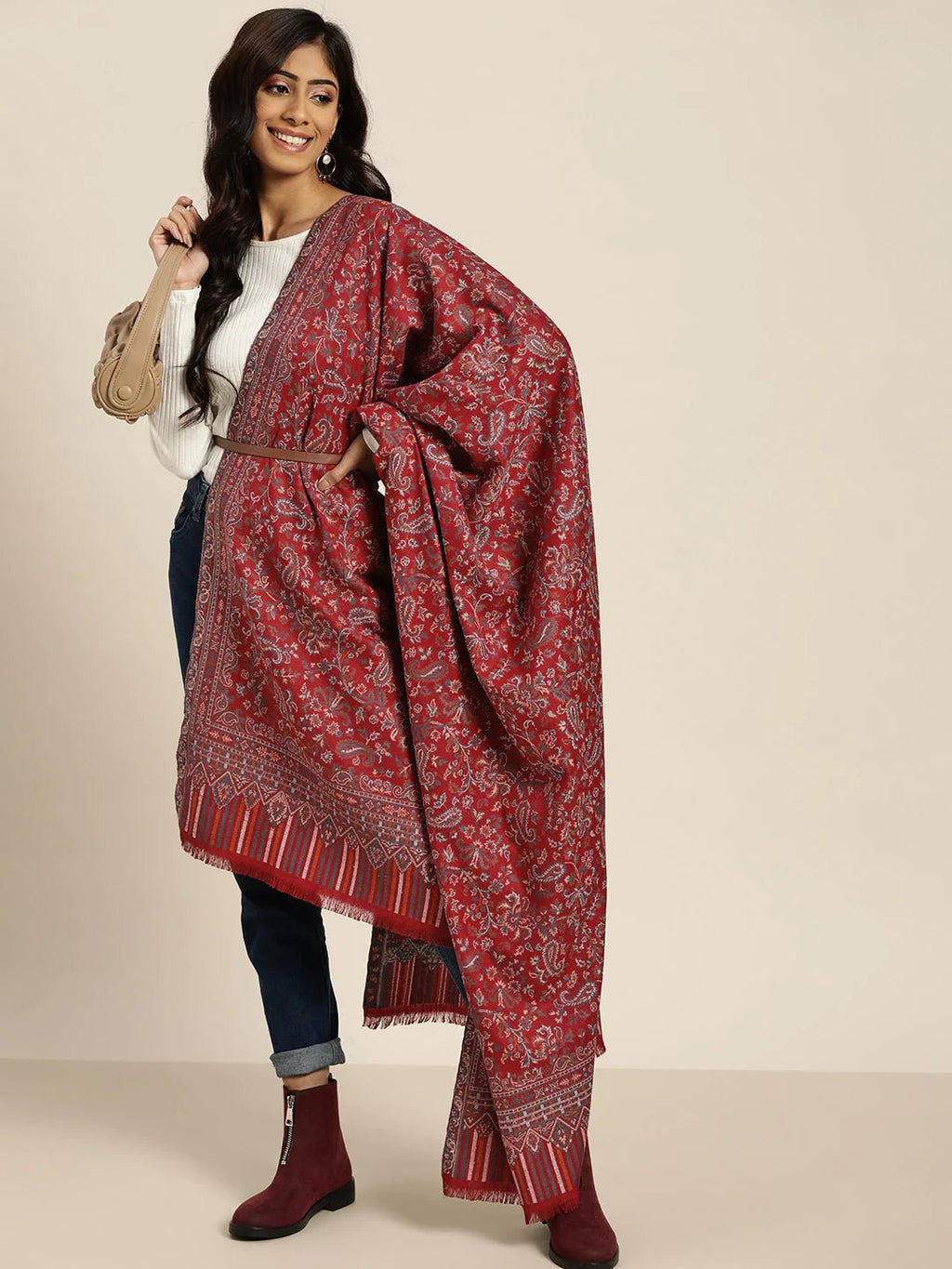 Women Maroon Kaani Woollen Woven Shawl - Signet Scarves