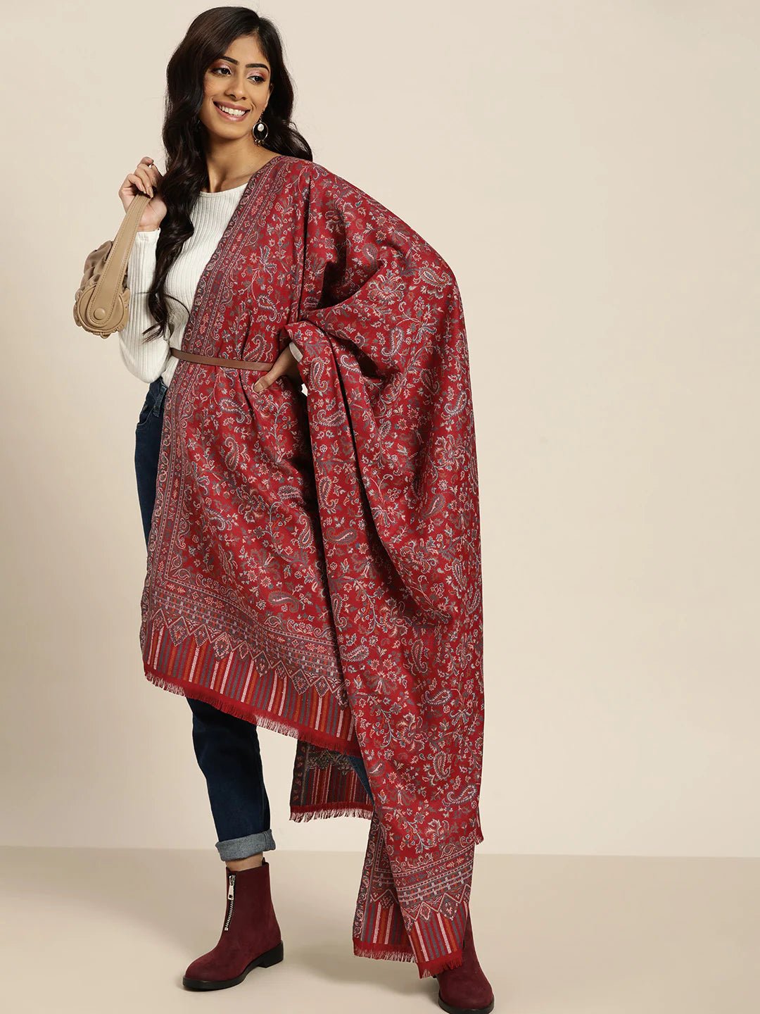 Women Maroon Kaani Woollen Woven Shawl - Signet Scarves
