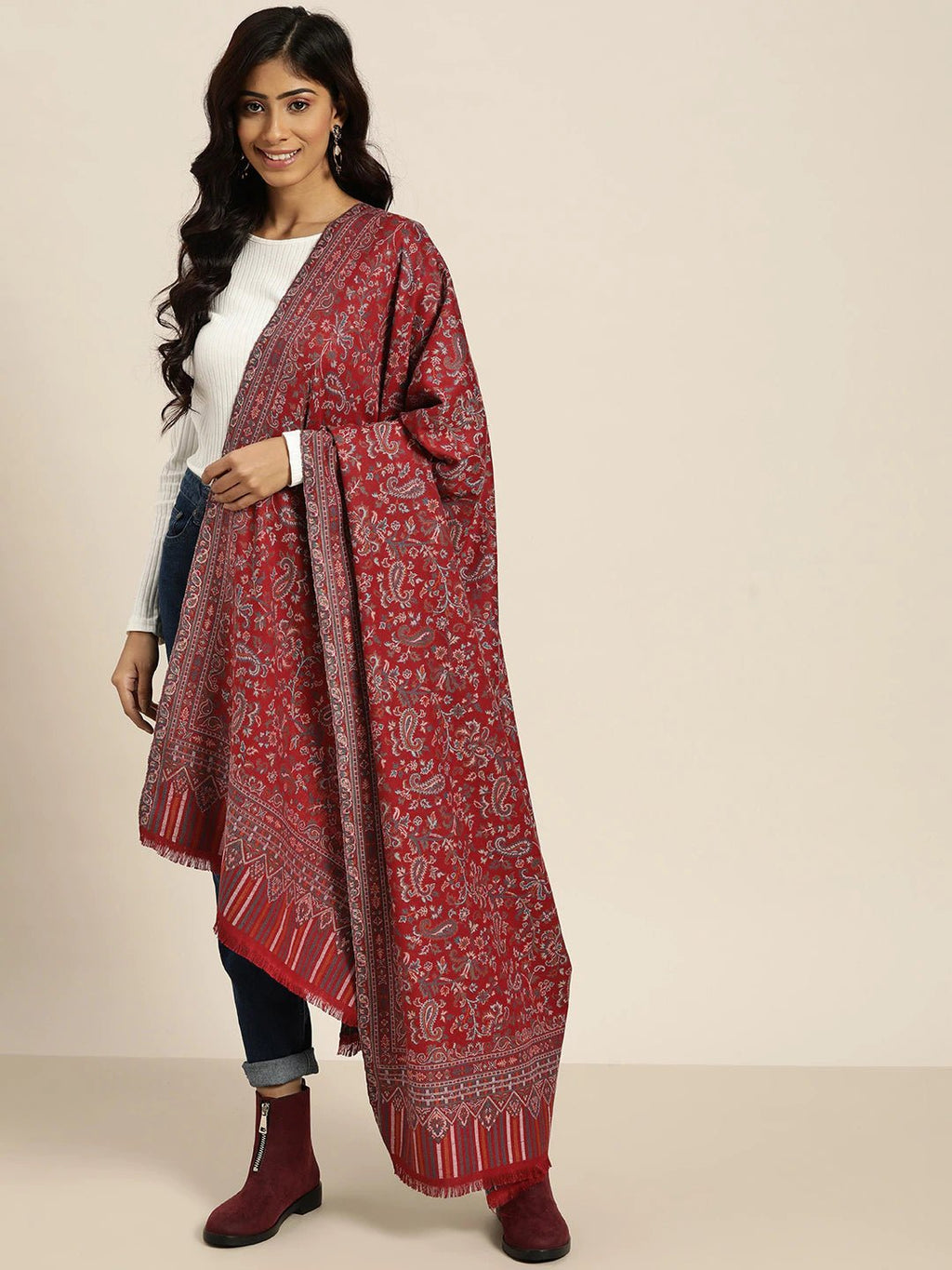 Women Maroon Kaani Woollen Woven Shawl - Signet Scarves