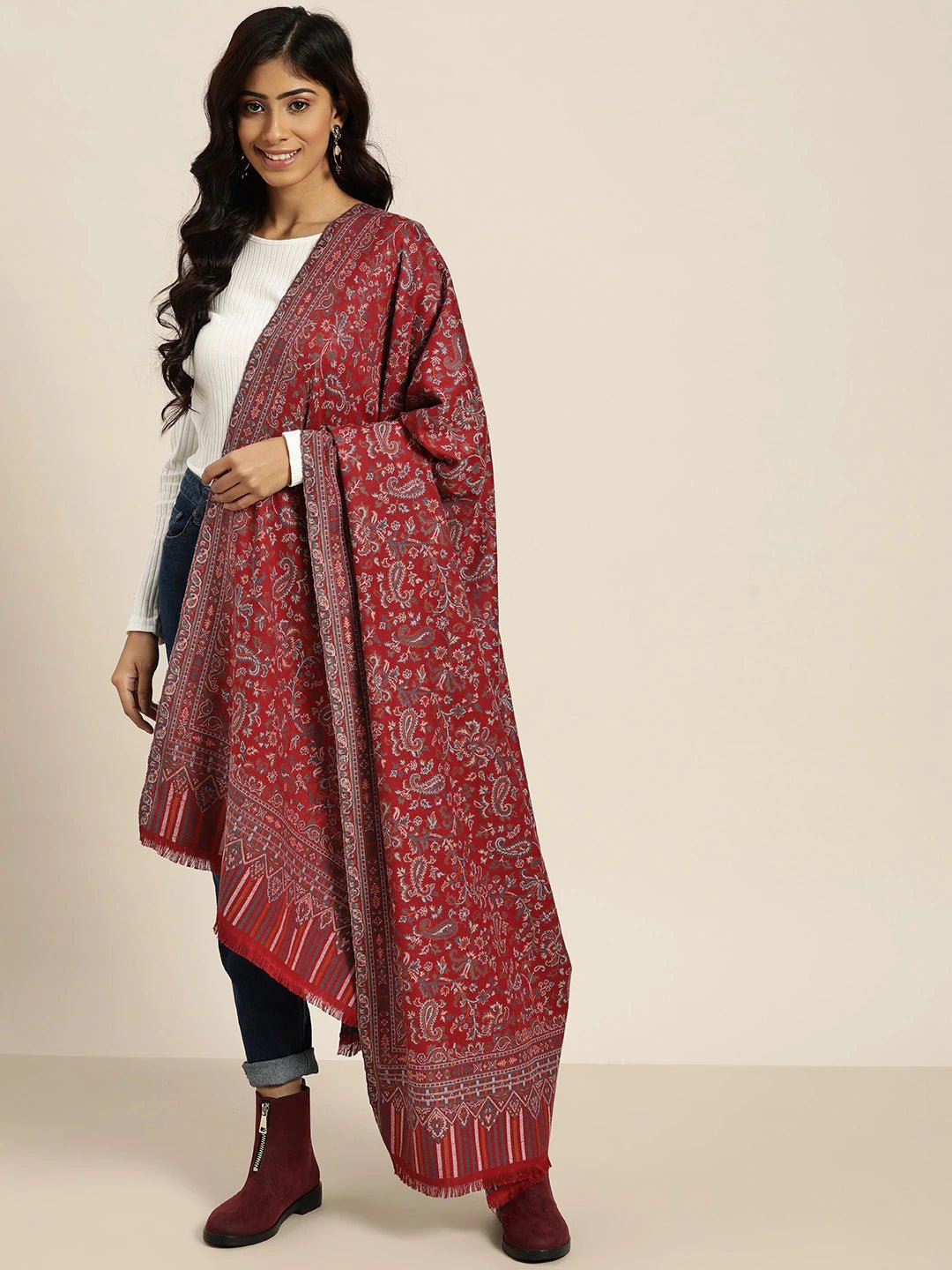 Women Maroon Kaani Woollen Woven Shawl - Signet Scarves
