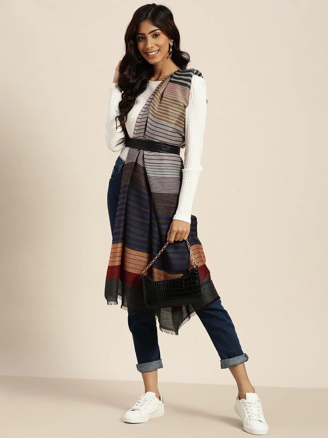 Women Multicolored Wool Striped Woven Design Jamawar Shawl - Signet Scarves