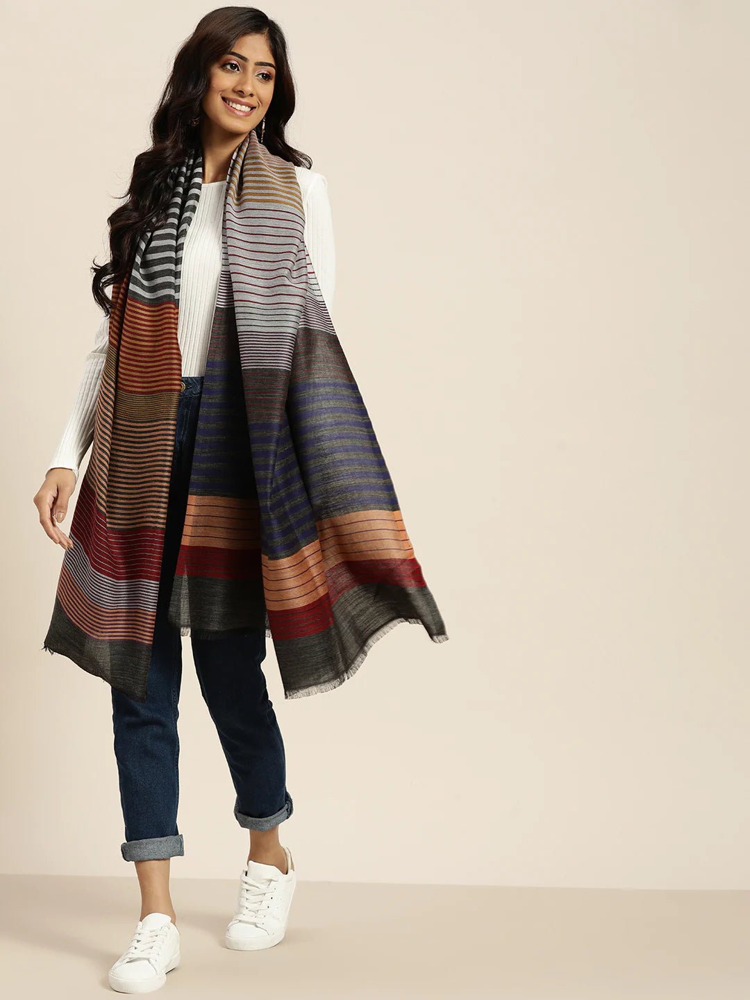 Women Multicolored Wool Striped Woven Design Jamawar Shawl - Signet Scarves