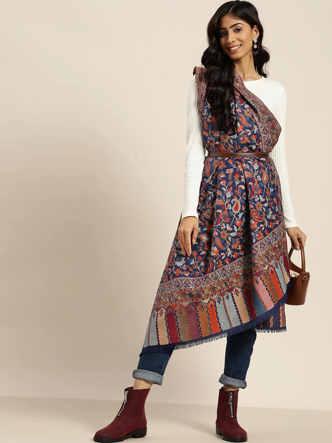 Women Navy Blue Floral Kaani Woven Design Shawl - Signet Scarves